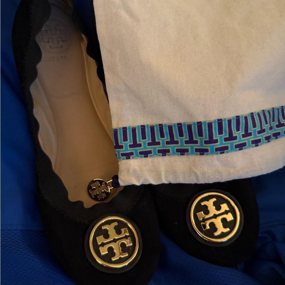 Tory Burch Black Flats with Gold Emblem